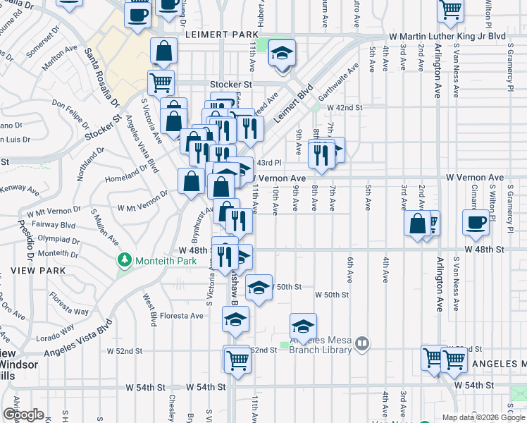 map of restaurants, bars, coffee shops, grocery stores, and more near 3223 West 46th Street in Los Angeles