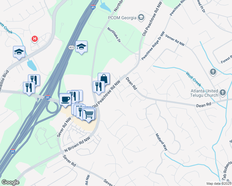 map of restaurants, bars, coffee shops, grocery stores, and more near 2723 Heathrow Drive in Lawrenceville