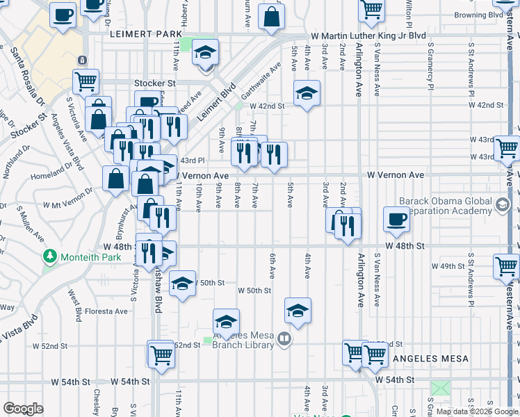 map of restaurants, bars, coffee shops, grocery stores, and more near 4524 7th Avenue in Los Angeles