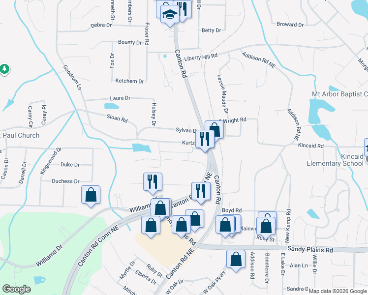 map of restaurants, bars, coffee shops, grocery stores, and more near 864 Kurtz Road in Marietta