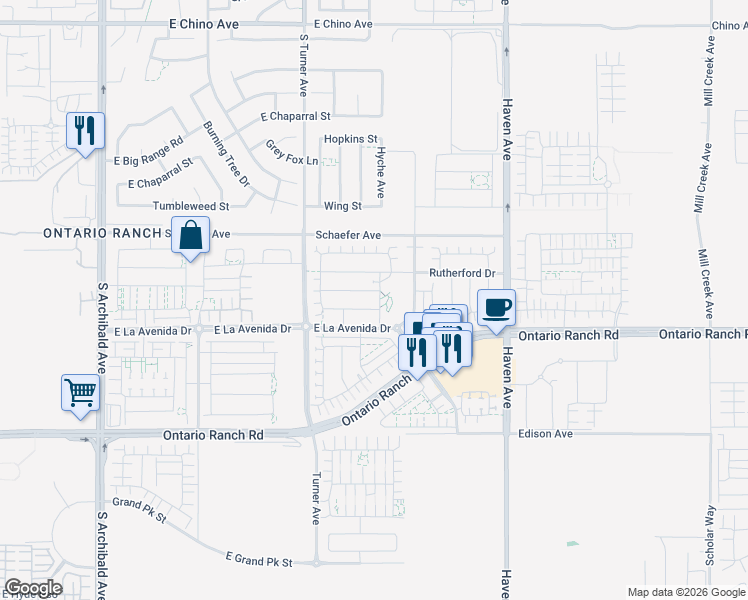 map of restaurants, bars, coffee shops, grocery stores, and more near 3942 South Alexander Avenue in Ontario
