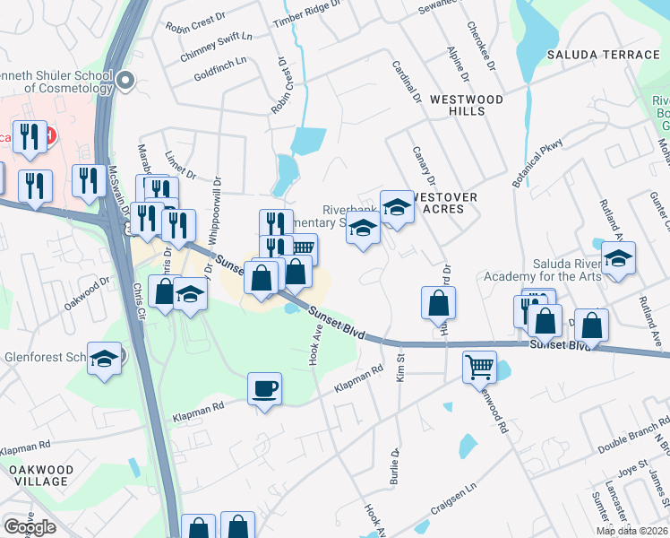 map of restaurants, bars, coffee shops, grocery stores, and more near 1004 New Brookland Place in West Columbia