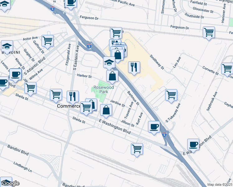 map of restaurants, bars, coffee shops, grocery stores, and more near 2422 Senta Avenue in Commerce