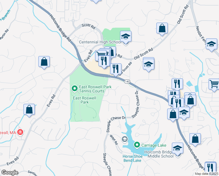 map of restaurants, bars, coffee shops, grocery stores, and more near 2035 Parkside Lane in Roswell