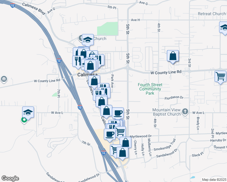 map of restaurants, bars, coffee shops, grocery stores, and more near Park Avenue in Calimesa