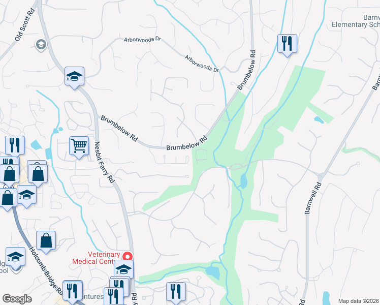 map of restaurants, bars, coffee shops, grocery stores, and more near 3295 Park Chase in Alpharetta