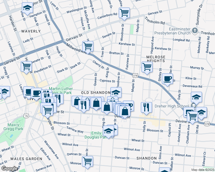 map of restaurants, bars, coffee shops, grocery stores, and more near 915 King Street in Columbia
