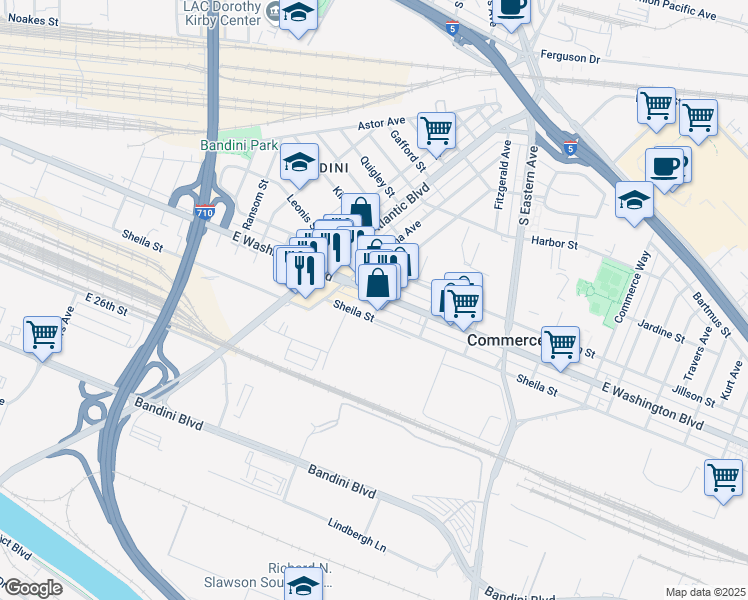 map of restaurants, bars, coffee shops, grocery stores, and more near 5274 East Washington Boulevard in Commerce