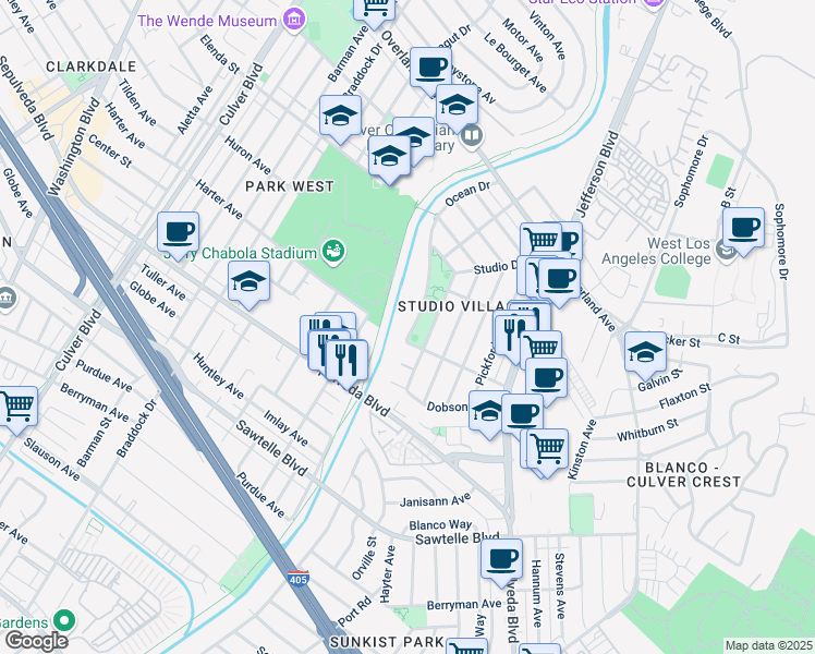 map of restaurants, bars, coffee shops, grocery stores, and more near 11057 Ocean Drive in Culver City