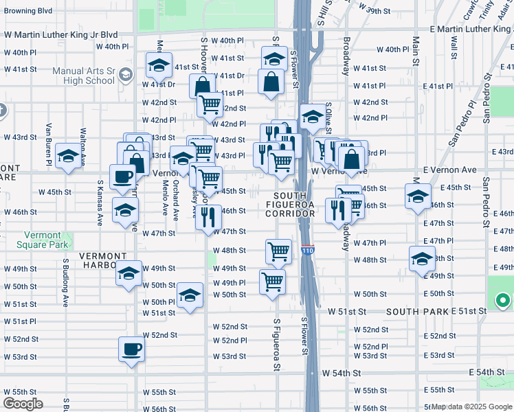 map of restaurants, bars, coffee shops, grocery stores, and more near 547 West 46th Street in Los Angeles