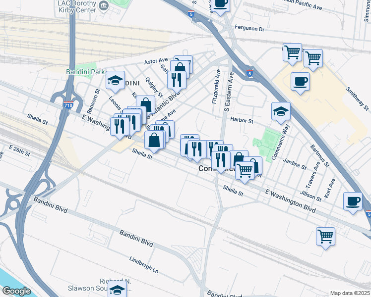 map of restaurants, bars, coffee shops, grocery stores, and more near 5400 Jillson Street in Commerce