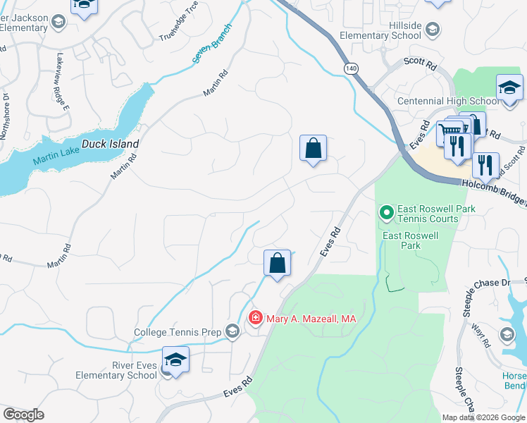 map of restaurants, bars, coffee shops, grocery stores, and more near 9139 Eves Cir in Roswell