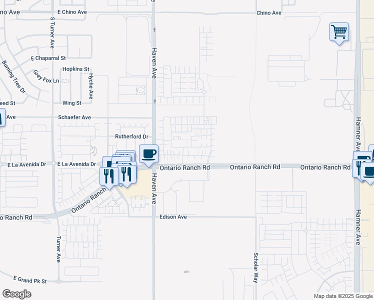 map of restaurants, bars, coffee shops, grocery stores, and more near 3605 East Delight Paseo in Ontario