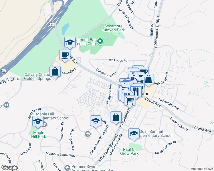 map of restaurants, bars, coffee shops, grocery stores, and more near 1201 Porto Grande in Diamond Bar