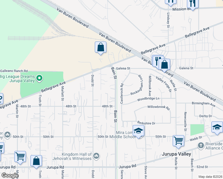 map of restaurants, bars, coffee shops, grocery stores, and more near 4715 Bain Street in Jurupa Valley