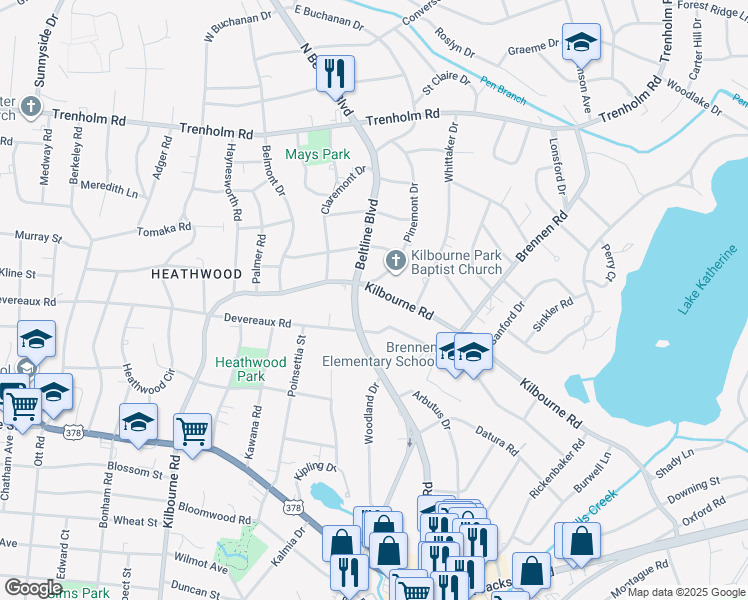 map of restaurants, bars, coffee shops, grocery stores, and more near 4216 Kilbourne Road in Columbia