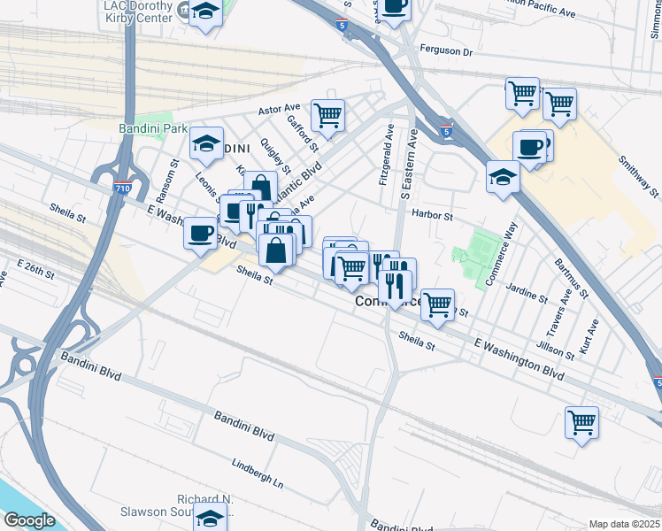 map of restaurants, bars, coffee shops, grocery stores, and more near 5400 Jillson Street in Commerce