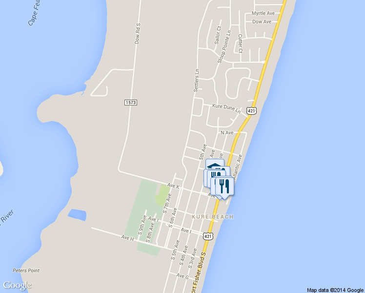 map of restaurants, bars, coffee shops, grocery stores, and more near 213 Settlers Lane in Kure Beach