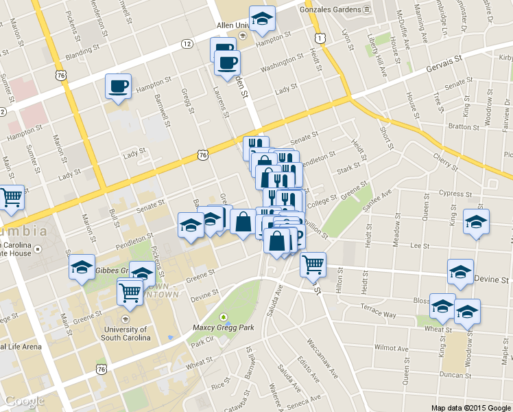 map of restaurants, bars, coffee shops, grocery stores, and more near 924 Laurens Street in Columbia