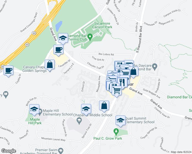 map of restaurants, bars, coffee shops, grocery stores, and more near 1201 Porto Grande Drive in Diamond Bar