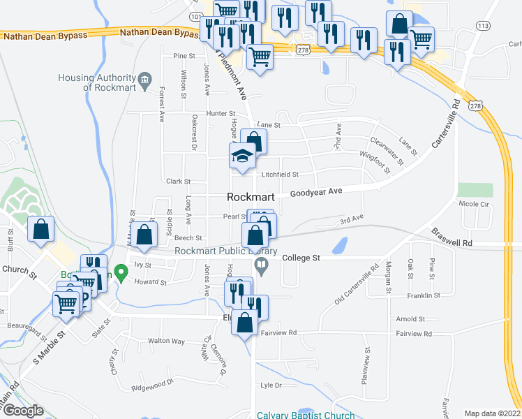 map of restaurants, bars, coffee shops, grocery stores, and more near 510 North Piedmont Avenue in Rockmart