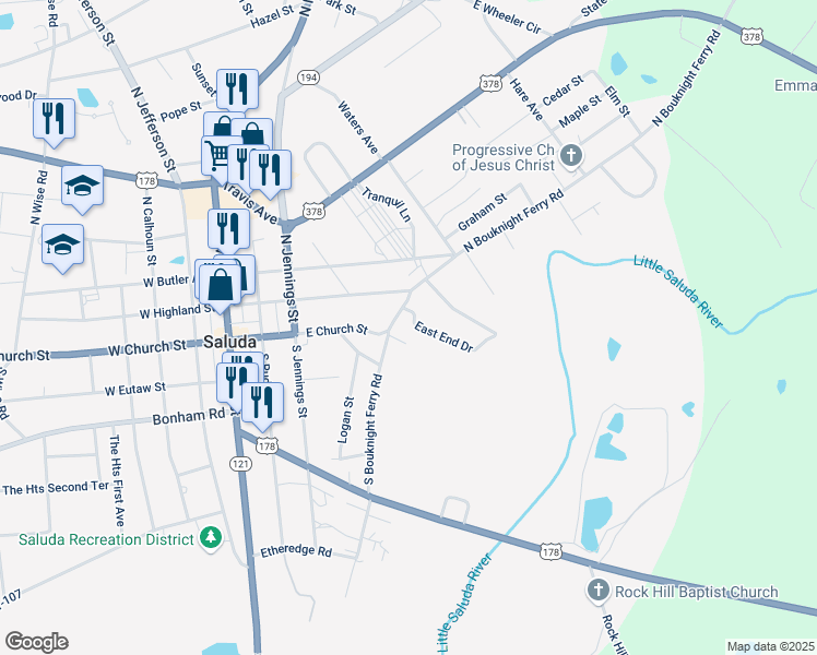 map of restaurants, bars, coffee shops, grocery stores, and more near 100 East End Drive in Saluda