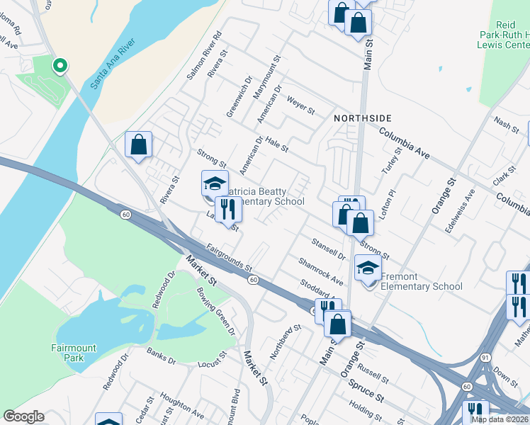 map of restaurants, bars, coffee shops, grocery stores, and more near 4054 Strong Street in Riverside