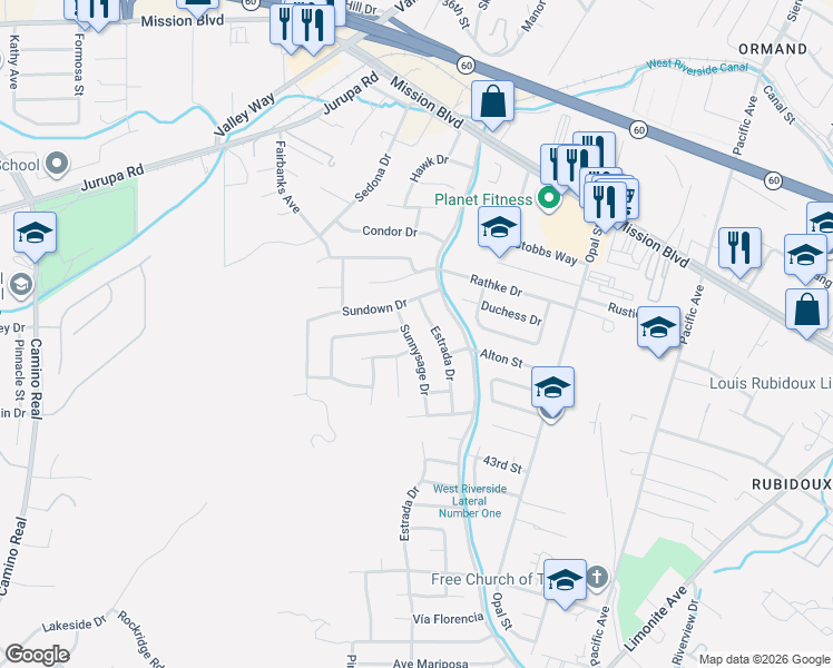 map of restaurants, bars, coffee shops, grocery stores, and more near 4098 Sunnysage Drive in Riverside