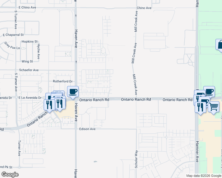 map of restaurants, bars, coffee shops, grocery stores, and more near 3983 South Sunrise Avenue in Ontario
