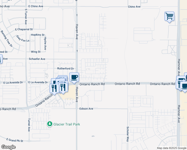 map of restaurants, bars, coffee shops, grocery stores, and more near 3605 East Delight Paseo in Ontario