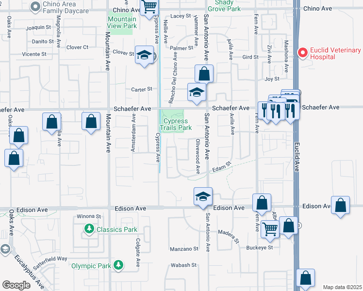 map of restaurants, bars, coffee shops, grocery stores, and more near 6594 Manzanita Street in Chino