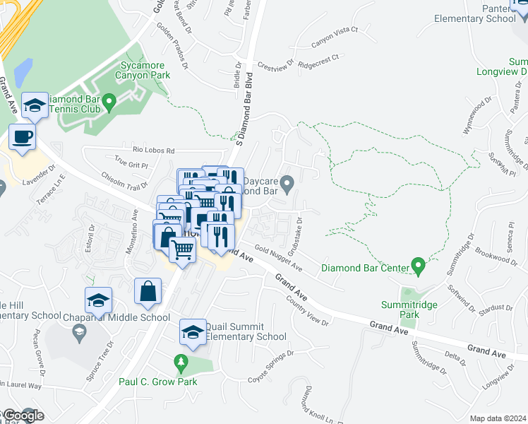 map of restaurants, bars, coffee shops, grocery stores, and more near 1102 Cleghorn Drive in Diamond Bar