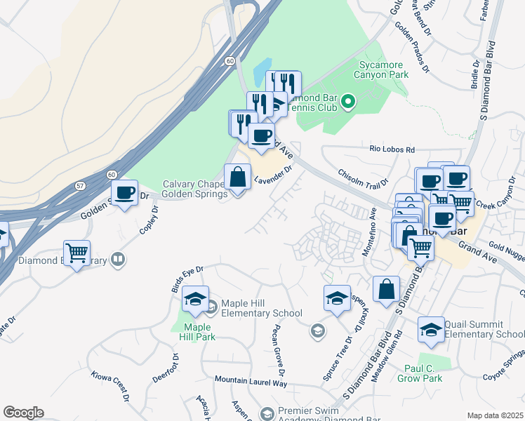 map of restaurants, bars, coffee shops, grocery stores, and more near 883 Terrace Lane West in Diamond Bar