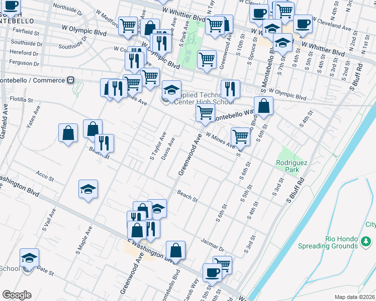 map of restaurants, bars, coffee shops, grocery stores, and more near 644 Carmelita Place in Montebello