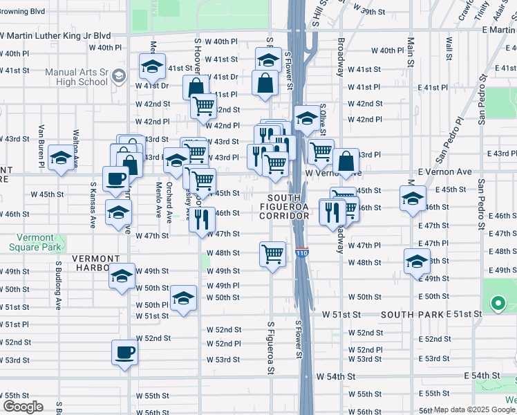 map of restaurants, bars, coffee shops, grocery stores, and more near 547 West 46th Street in Los Angeles