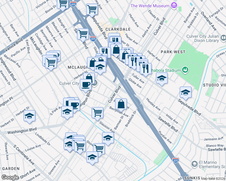 map of restaurants, bars, coffee shops, grocery stores, and more near 11355 Culver Boulevard in Los Angeles
