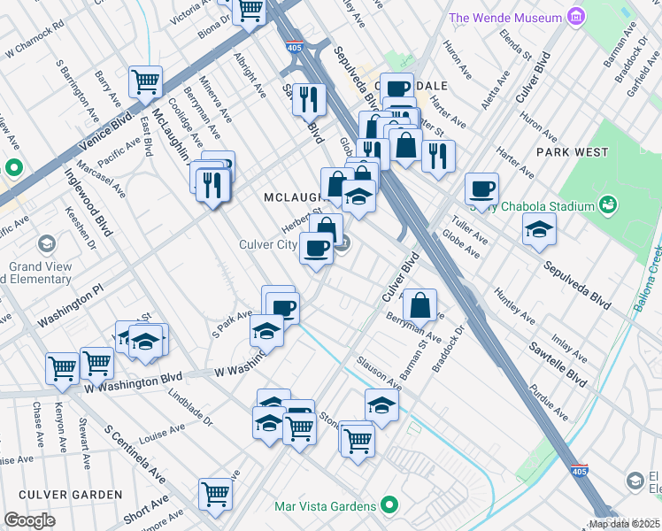 map of restaurants, bars, coffee shops, grocery stores, and more near 11423 Washington Boulevard in Los Angeles