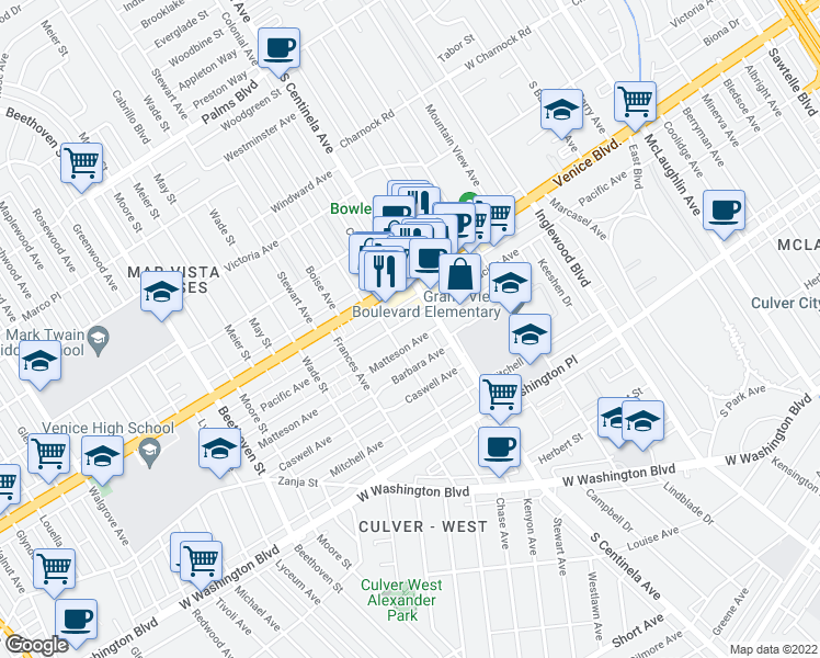 map of restaurants, bars, coffee shops, grocery stores, and more near 12444 Pacific Avenue in Los Angeles