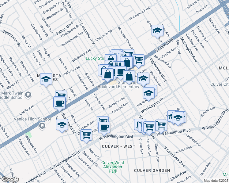 map of restaurants, bars, coffee shops, grocery stores, and more near 12444 Pacific Avenue in Los Angeles