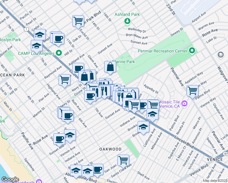 map of restaurants, bars, coffee shops, grocery stores, and more near 825 Rose Avenue in Los Angeles