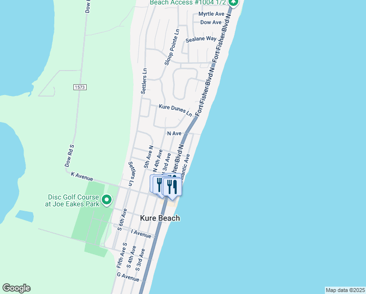 map of restaurants, bars, coffee shops, grocery stores, and more near 309 Fort Fisher Boulevard North in Kure Beach