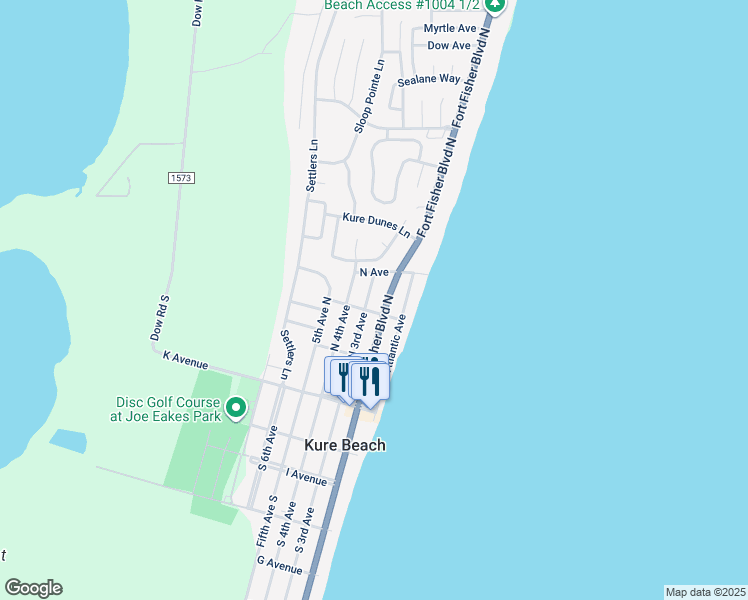 map of restaurants, bars, coffee shops, grocery stores, and more near 309 Fort Fisher Boulevard North in Kure Beach