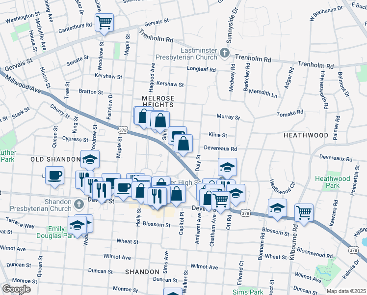 map of restaurants, bars, coffee shops, grocery stores, and more near 17 Butler Street in Columbia