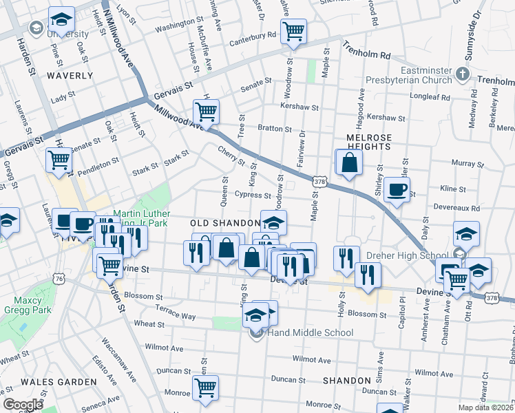 map of restaurants, bars, coffee shops, grocery stores, and more near 912 King Street in Columbia