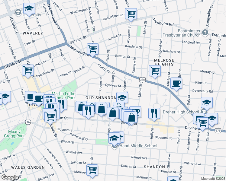 map of restaurants, bars, coffee shops, grocery stores, and more near 915 King Street in Columbia