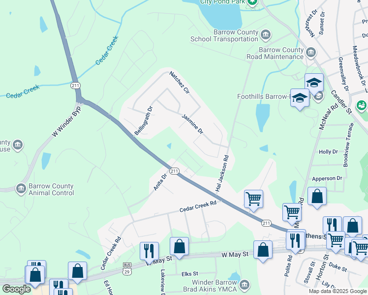 map of restaurants, bars, coffee shops, grocery stores, and more near 305 Georgia Highway 211 in Winder
