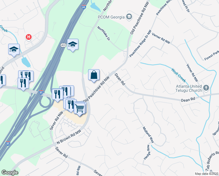 map of restaurants, bars, coffee shops, grocery stores, and more near 2709 Heathrow Drive in Lawrenceville