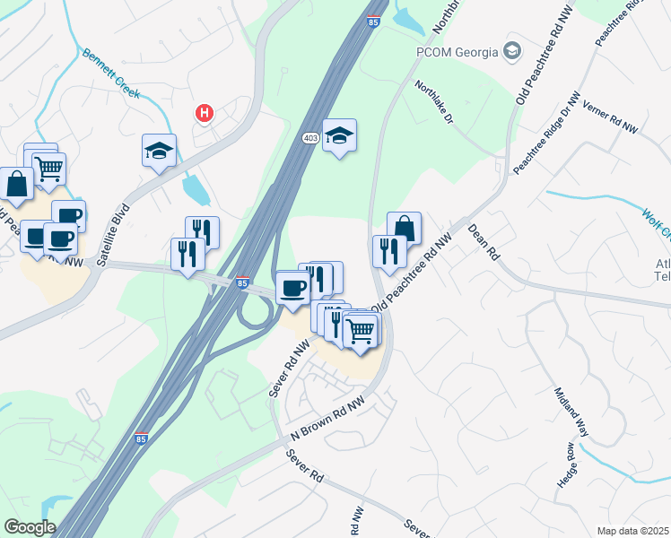 map of restaurants, bars, coffee shops, grocery stores, and more near 1045 Old Peachtree Road Northwest in Suwanee