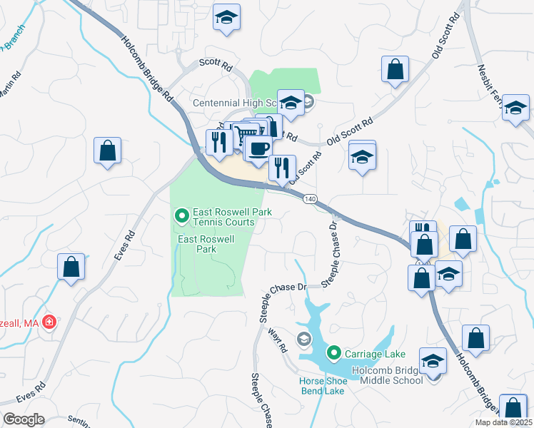 map of restaurants, bars, coffee shops, grocery stores, and more near 2035 Parkside Lane in Roswell