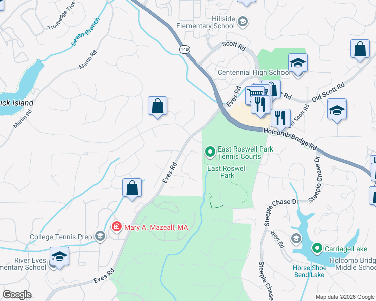 map of restaurants, bars, coffee shops, grocery stores, and more near 113 Autumn Ridge Trail in Roswell